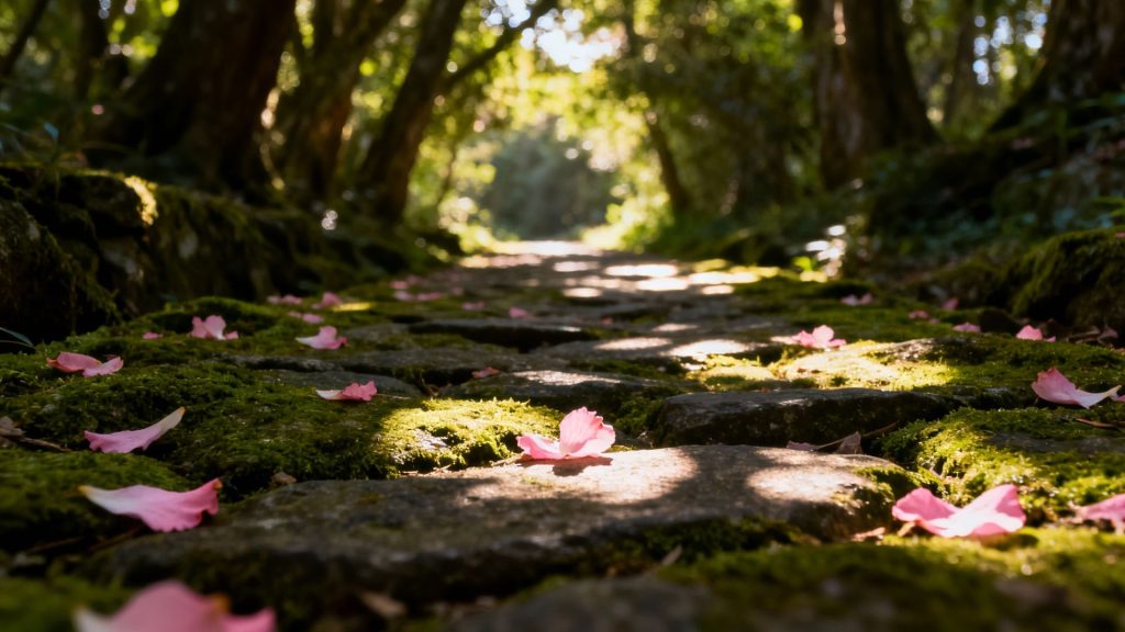 Stone Whispers and Petal Trails: Where Ancient Pathways Breathe Forgotten Memories