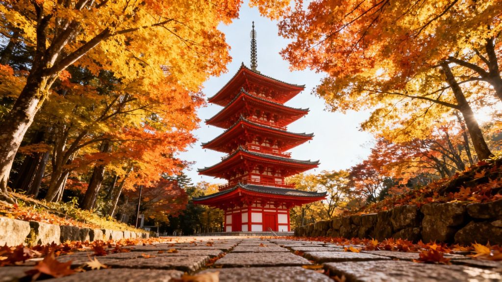 Stone Gardens Sing: Where Rustling Maple Leaves Caress Ancient Pagodas in Golden Silence